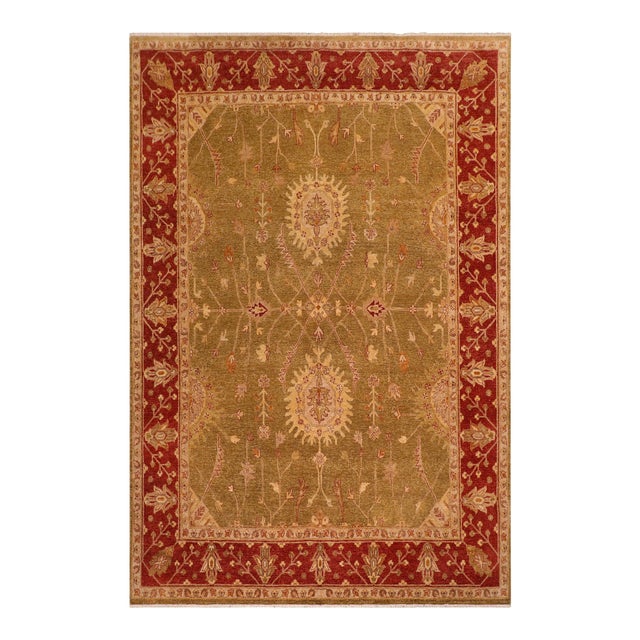 Boho Chic Ziegler Olive Green Rust Hand-Knotted Wool Rug - 8'2'' X 9'10'' For Sale