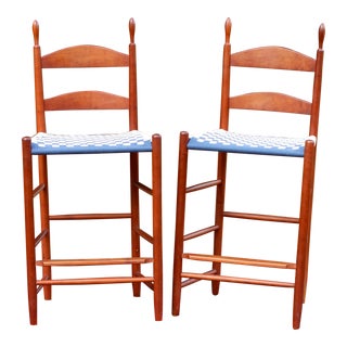 1990s Pair of Shaker Stools With Blue and White Webbing For Sale