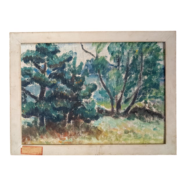 Early 20th Century American Post-Impressionist Oil Painting of Trees, New York City Label For Sale