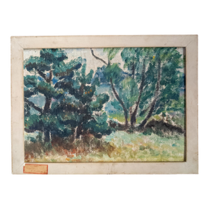 Early 20th Century American Post-Impressionist Oil Painting of Trees, New York City Label