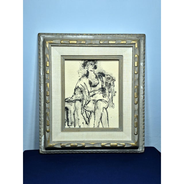 Mid-Century Figural Seated Woman Ink Drawing in Ornate Gold Gilt Frame For Sale - Image 10 of 11