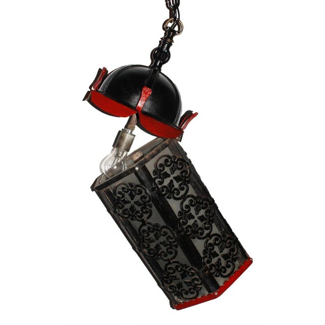 1920s Spanish Gothic Style Cast Iron Hexagonal Form Pendant Lantern For Sale - Image 12 of 13