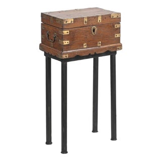 Vintage Anglo-Indian Teak and Brass Small Chest on Iron Legs/Side Table For Sale