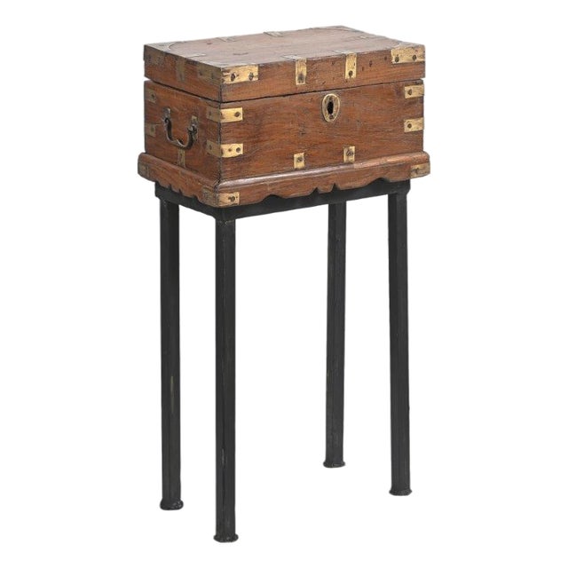 Vintage Anglo-Indian Teak and Brass Small Chest on Iron Legs/Side Table For Sale