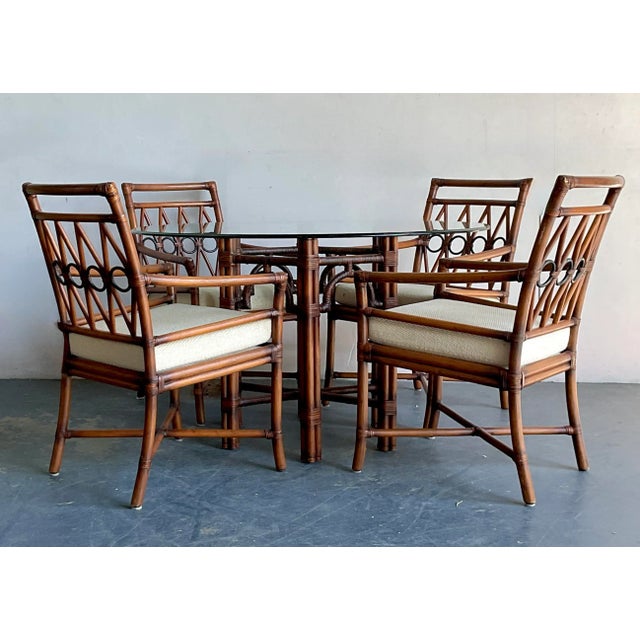 Boho Chic Vintage Boho Ficks Reed Rattan Loop Back Dining Set of 5 For Sale - Image 3 of 12