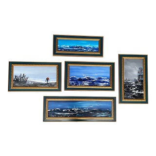 5 1970’s Impressionist Beach Harbor Scene Seascape Paintings - Set of Five For Sale