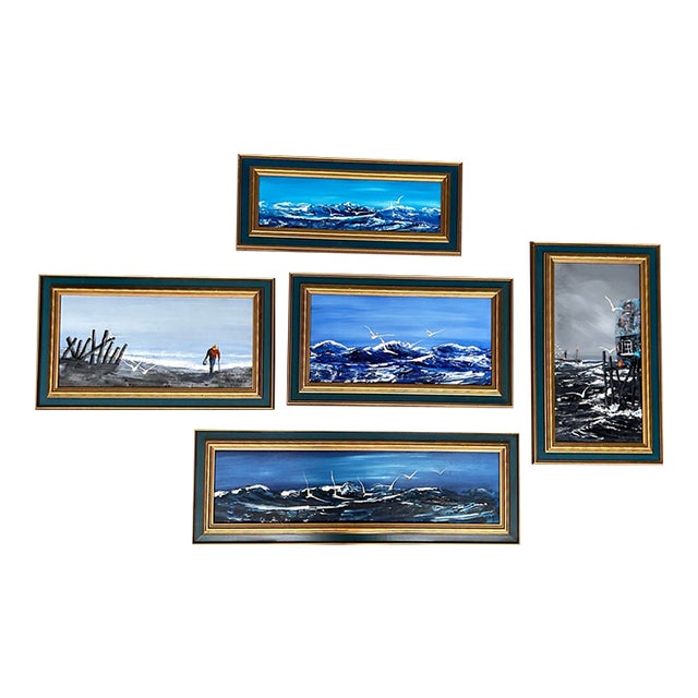 5 1970’s Impressionist Beach Harbor Scene Seascape Paintings - Set of Five For Sale
