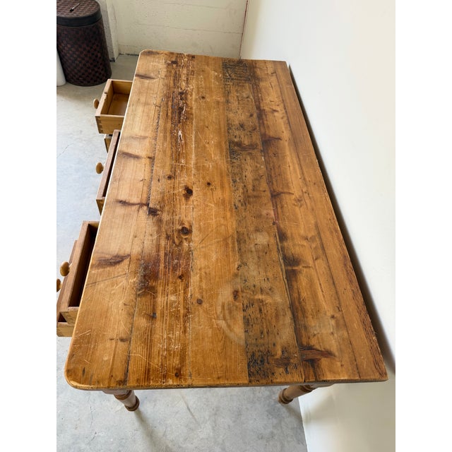Vintage Rustic Pine Farmhouse Writing Desk With Turned Legs & Five Drawers For Sale - Image 4 of 12