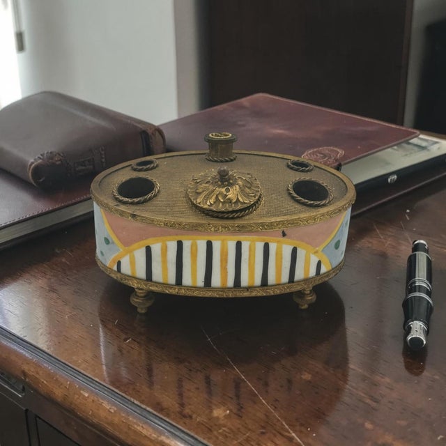 Metal Antique Enameled & Gilt Metal Inkwell • Hand‑Painted Porcelain Base • Ornate Desk Accessory For Sale - Image 7 of 7