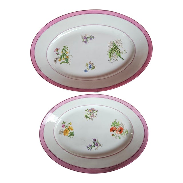 Antique Old Paris Platters With Wildflowers and a Raspberry Pink Border - A Set For Sale
