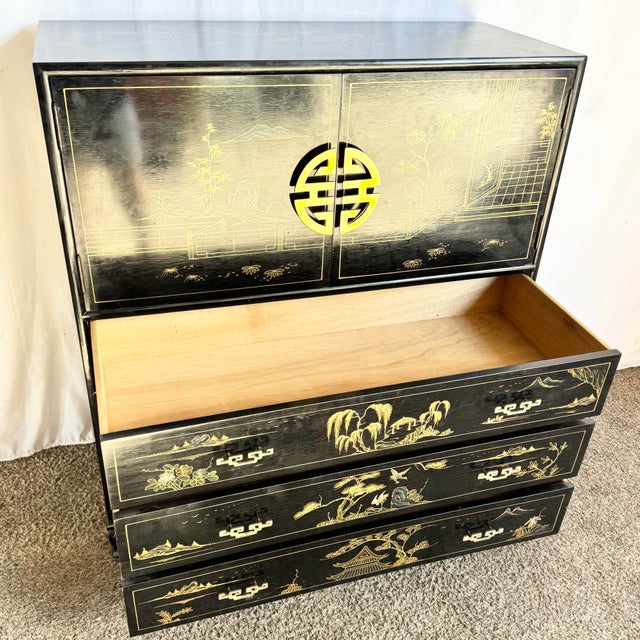 Mid 20th Century Chinese Black and Gold Hand Painted Highboy With Red Velvet For Sale In Miami - Image 6 of 11