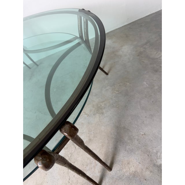 1980s Vintage Two-Tier Hand-Hammered Metal & Glass Round Coffee Table For Sale - Image 10 of 12