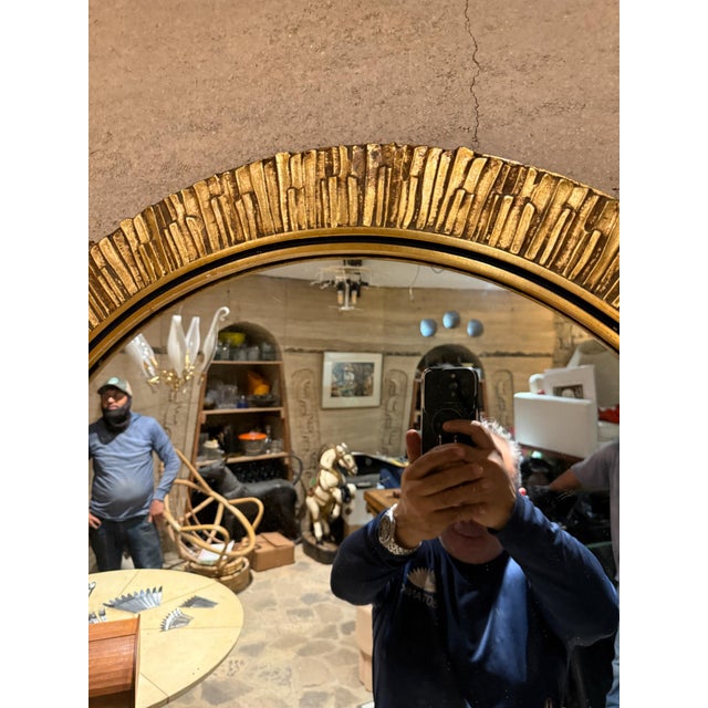 Brutalist French Brutalist Golden Round Mirror Post-Modern For Sale - Image 3 of 14