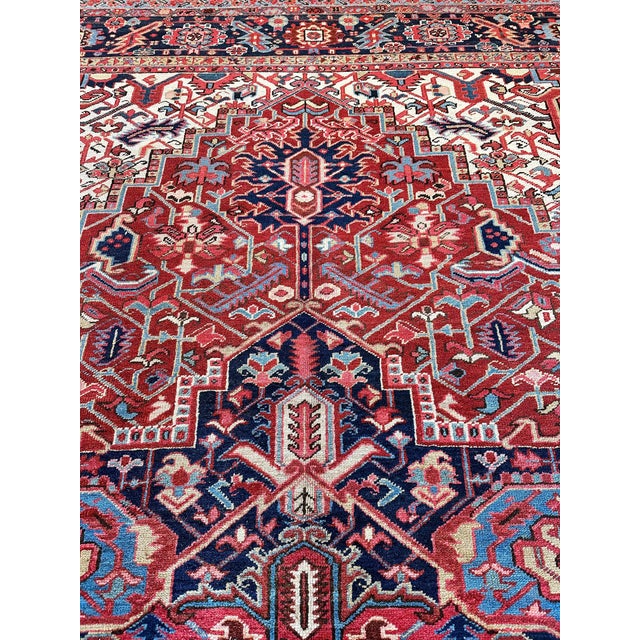 Antique Persian Heriz Carpet Handmade Wool Oriental Rug, Rusty/Red Field, Navy For Sale - Image 10 of 18