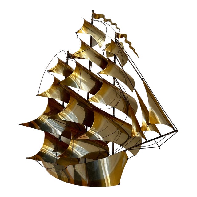 Vintage Modernist John DeMott Brass Sailing Ship Wall Sculpture - Signed & Original Label For Sale