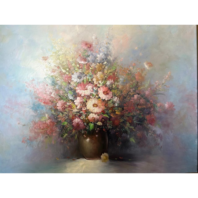 This large vibrant vintage still life floral bouquet canvas painting is a one-of-a-kind original piece. this framed...