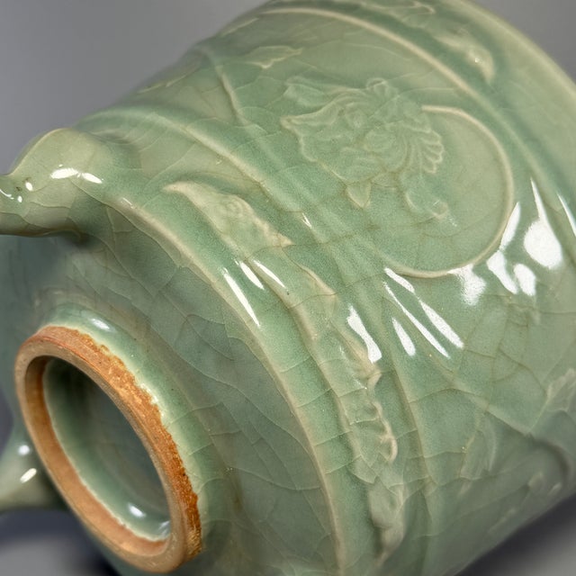 15th Century & Earlier Antique Chinese Celadon Tripod Censer With Carved Floral Motifs, Collectible Antique For Sale - Image 5 of 7