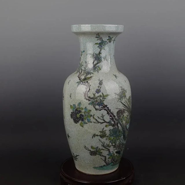 1900 - 1909 Chinese Vintage Porcelain Vase Qing Dynasty Qianlong Marked Crackle Glaze Famille Verte Porcelain Vase Hand Painted Flowers and Birds Pattern For Sale - Image 5 of 8