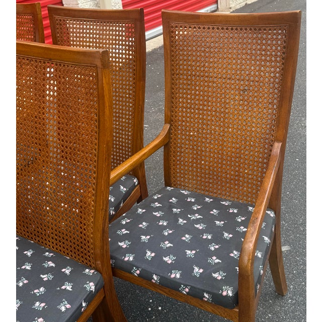 Nice set of mid century style Drexel heritage dining chairs with cane back and parsons legs. Upholstered seats unscrew...
