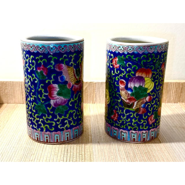 Late 20th Century Vintage Chinoiserie Hand Painted Chinese Enameled Brush Pots - A Pair For Sale - Image 5 of 12