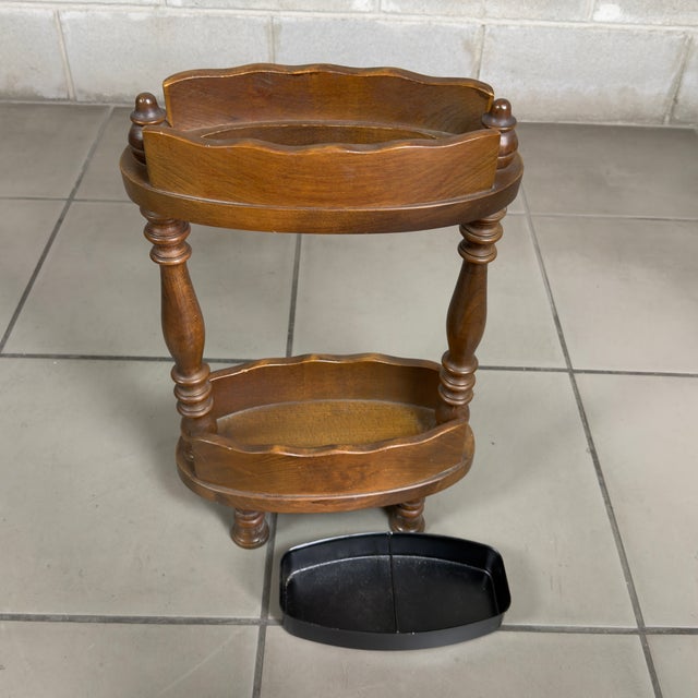 Vintage Wooden Umbrella Stand with Turned Columns and Metal Tray, 1960s For Sale - Image 6 of 11