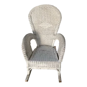 Early 20th Century Vintage White Wicker Rocking Chair Lloyd Loom Style