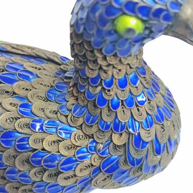 Vintage Filigree Enamel Duck Bird Figurine Sterling Silver Beak and Feet Blue & Gold With Green Eyes For Sale - Image 11 of 16