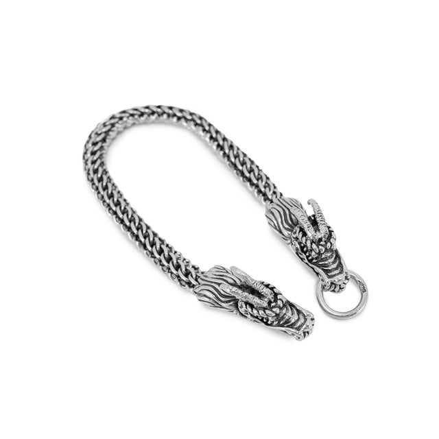 Men’s Vintage Double Dragon Head 925 Sterling Silver Wheat Link Bracelet For Sale - Image 4 of 10