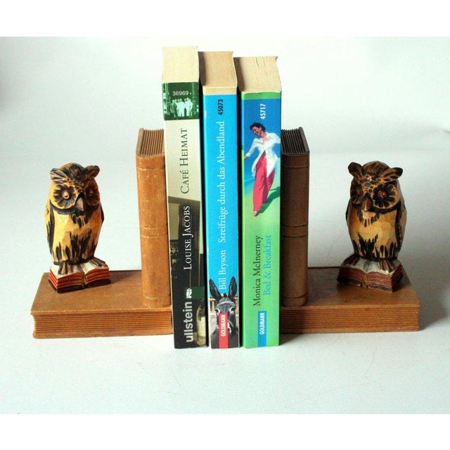 Handcarved wooden owl book ends - a pair - in excellent vintage condition with minimal traces of age and use - vintage...
