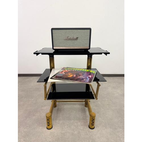 1970s Hungarian Postmodern Brass and Smoked Glass Rolling Hi-Fi Media Stand, 1970s For Sale - Image 5 of 13