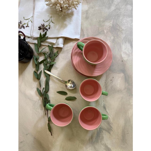 Green 1950s Set of Four (4) MCM Teacups With Saucers in Pink and Green For Sale - Image 8 of 10