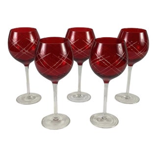 1950s Ruby Cut to Clear-Long Stem Goblets- Set of 5 For Sale