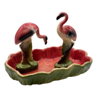 Mid-Century Modern California Pottery Ceramic Flamingo Figurine Set With Tropical Pond Tray - 3 Piece Set For Sale