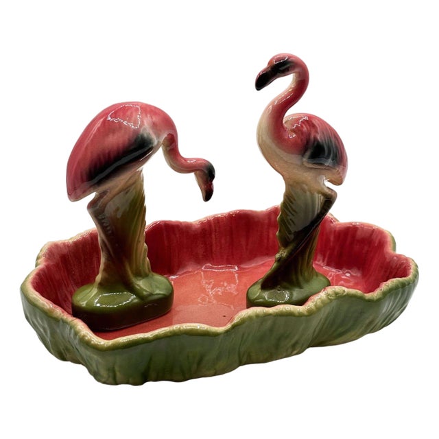 Mid-Century Modern California Pottery Ceramic Flamingo Figurine Set With Tropical Pond Tray - 3 Piece Set For Sale
