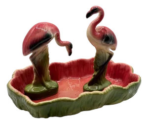 Mid-Century Modern California Pottery Ceramic Flamingo Figurine Set With Tropical Pond Tray - 3 Piece Set