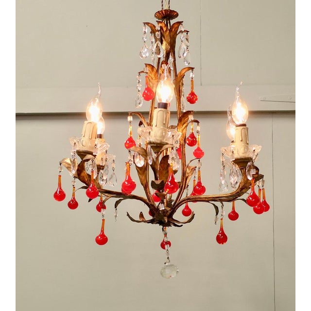 Large French Chandelier with Lipstick Red Teardrops, 1950 For Sale - Image 4 of 9