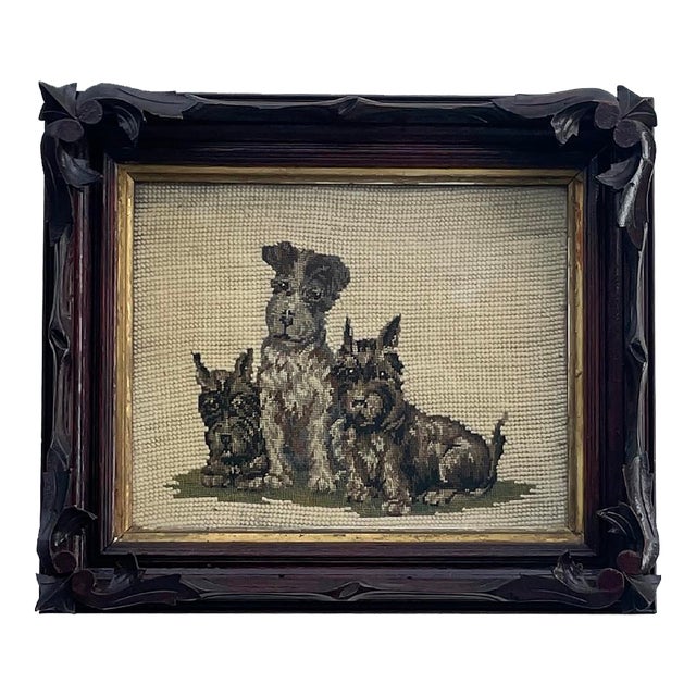 Antique Needlepoint Terrier Dogs Carved Wood Frame | Chairish
