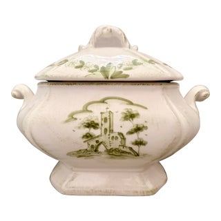 Soup Tureen and Lid in ‘Borgo Antico’ by Vietri of Italy, Olive Green Landscapes With Buildings Hand Painted an Off White Porcelain Ground For Sale