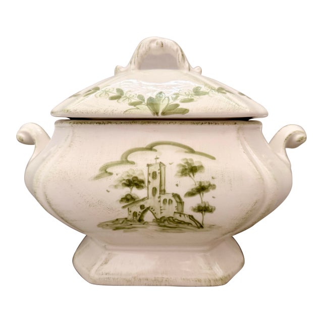 Soup Tureen and Lid in ‘Borgo Antico’ by Vietri of Italy, Olive Green Landscapes With Buildings Hand Painted an Off White Porcelain Ground For Sale