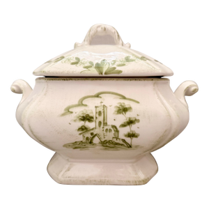 Soup Tureen and Lid in ‘Borgo Antico’ by Vietri of Italy, Olive Green Landscapes With Buildings Hand Painted an Off White Porcelain Ground