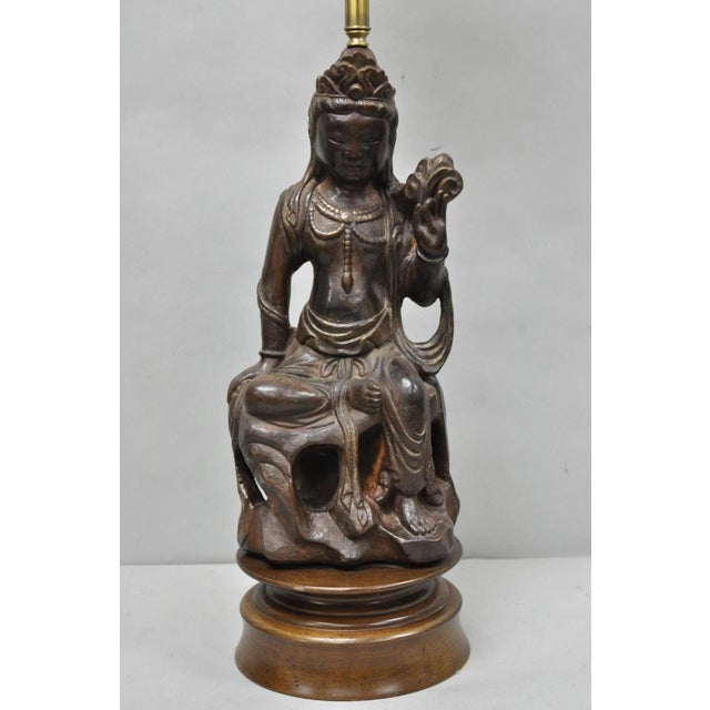 Wood Vintage Buddhist Kuan Yin Brown Ceramic Sculpture Figure Table Lamp W/ Shade For Sale - Image 7 of 18