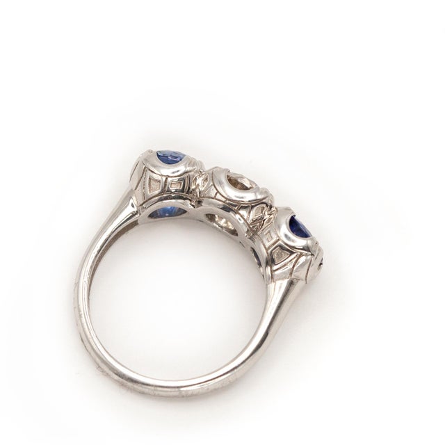 1980s Gorgeous Platinum Diamond Sapphire 3 Stone Ring, Size 7.5 For Sale - Image 9 of 11