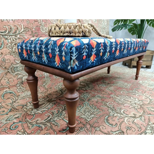 2020s Handmade Diamond Pattern Blue Printed Rug Fabric Upholstered Long Bench For Sale - Image 5 of 9