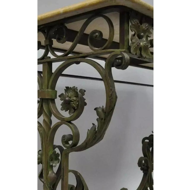 French Art Nouveau Green Wrought Iron Marble Top Scrolling Console Hall Table For Sale - Image 9 of 11