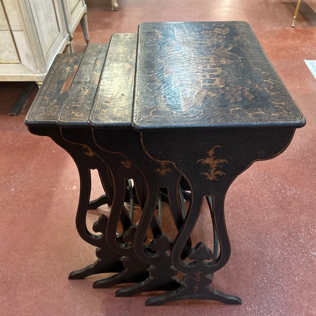 Chinoiserie Late 20th Century Ebonized Chinoiserie Set of 4 Nesting Tables For Sale - Image 3 of 7