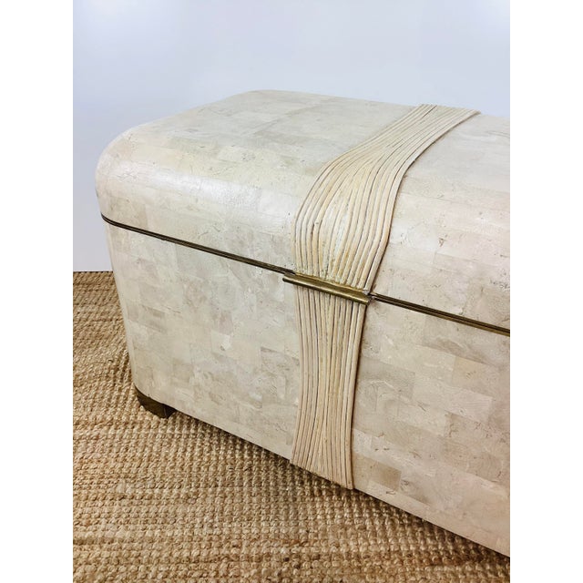 1980s Vintage 1980s Cream Tessellated Stone & Rattan Reed and Brass Lidded Trunk Chest Table by Maitland Smith For Sale - Image 5 of 12