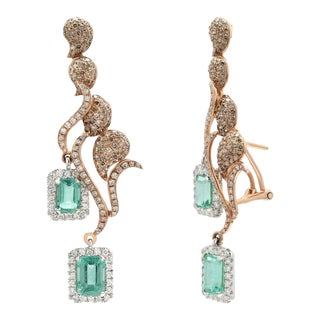 14k Rose Gold Emerald Diamond Dangle Cocktail Earrings - 2 Pieces For Sale