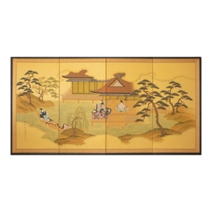 1970s "The Tale of Genji" Japanese Painted Silk Byobu Screen