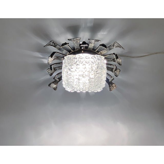 1950s Spanish Brutalist Flush Mount Ceiling Light – Silvered Wrought Iron & Heavy Embossed Glass For Sale - Image 14 of 14