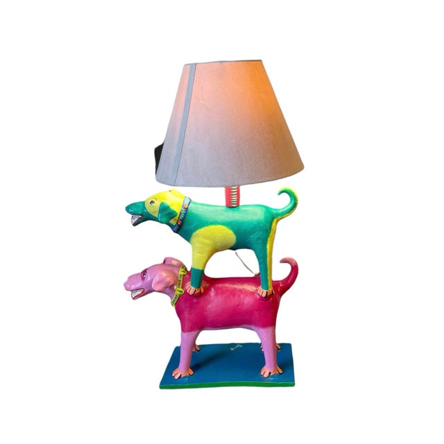 Artisan "Two Dogs " Brilliantly Hand Painted Sculpted Clay Lamp by Oaxacan Artist Gabriel Sosa Singed One of a kind...